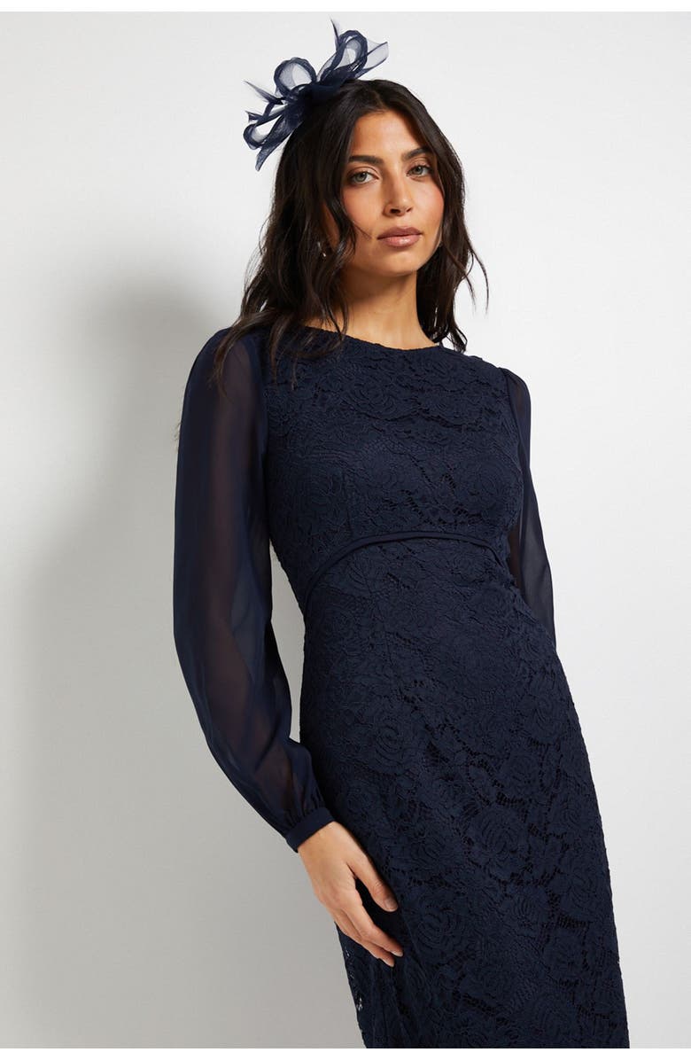 Wallis Lace Chiffon Cowl Back Pencil Dress, Alternate, color, Navy