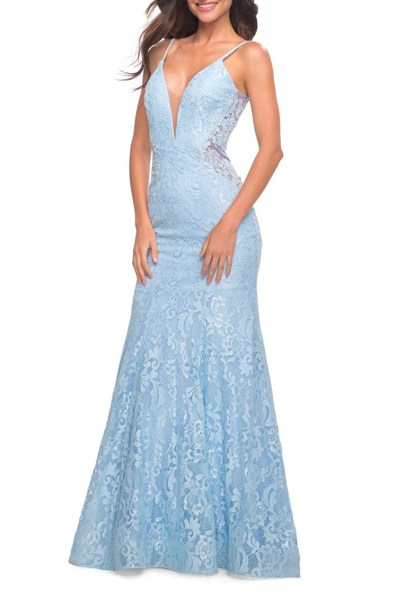 Long Mermaid Lace Dress with Back Rhinestone Detail, Main, color, Cloud Blue