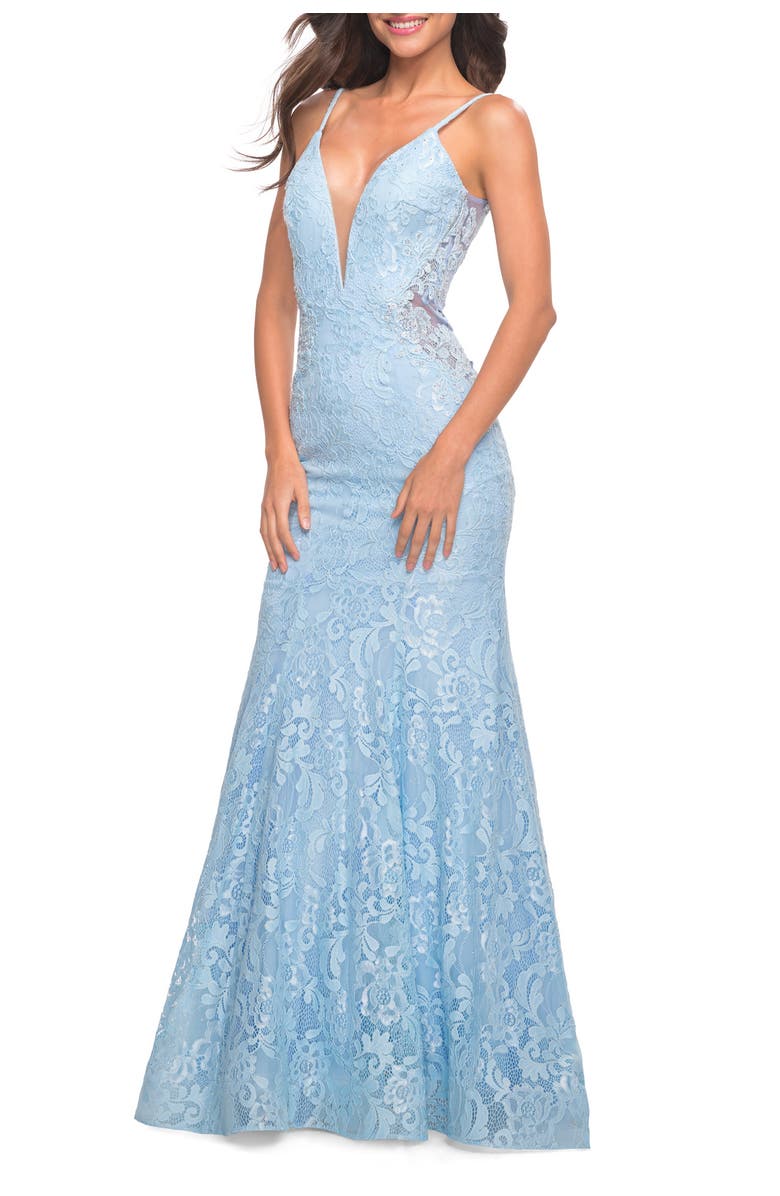 La Femme Long Mermaid Lace Dress with Back Rhinestone Detail, Main, color, Cloud Blue