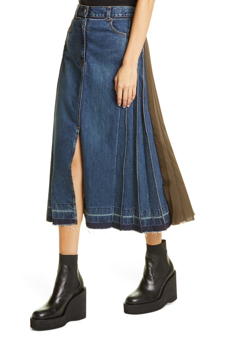 Split Pleated Denim Skirt, Alternate, color, BLUE/ KHAKI