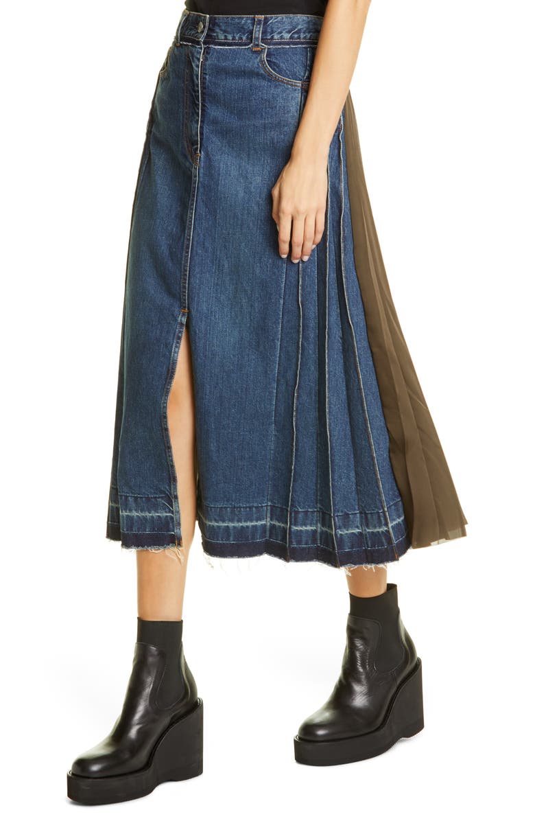 Sacai Split Pleated Denim Skirt, Alternate, color,