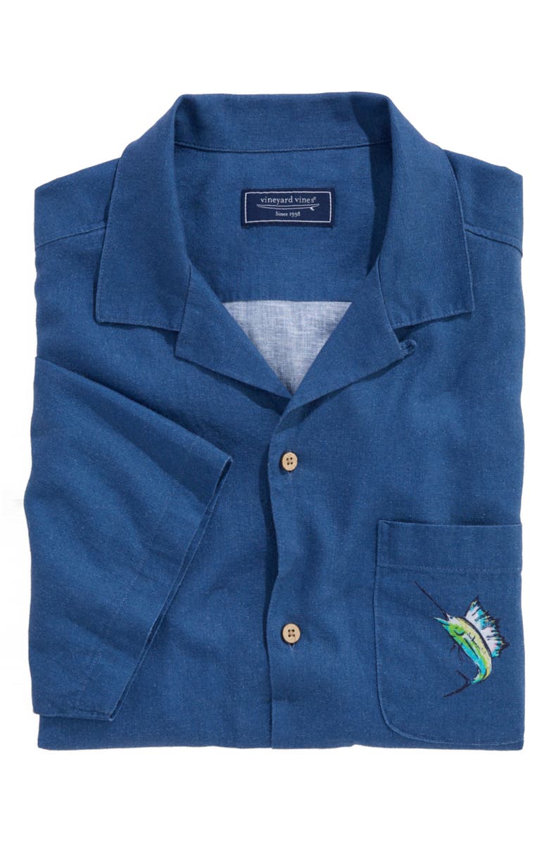 vineyard vines Scenic Print Short Sleeve Linen Blend Cabana Shirt, Main, color, Moonshine