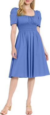 London Times Puff Sleeve Smocked Waist Dress