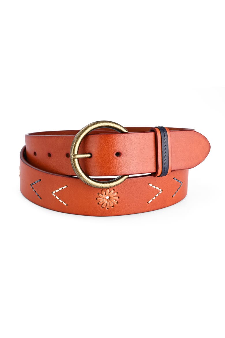 Boho Genuine Leather Perforated Handcrafted Detail Belt, Main, color, Camel