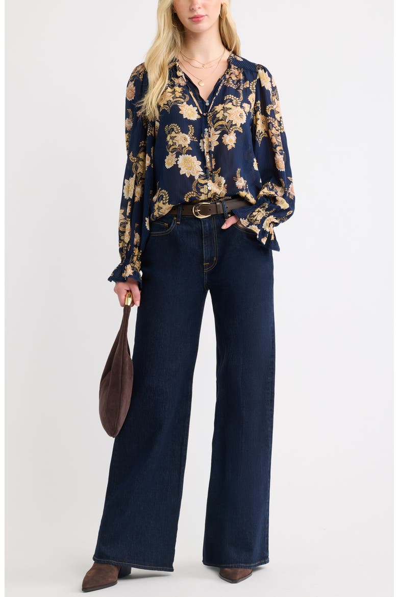Floral Ruffled Button Front Shirt, Alternate, color, NAVY WALLPAPER FLORAL