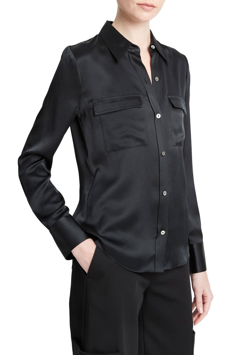 Chest Pocket Satin Shirt, Alternate, color, BLACK
