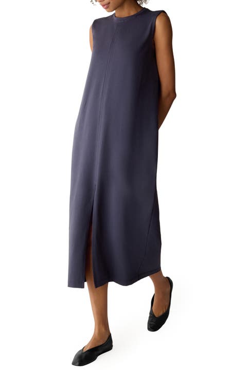 Eileen Fisher Crew Neck Front Slit Midi Dress (Regular & Petite)