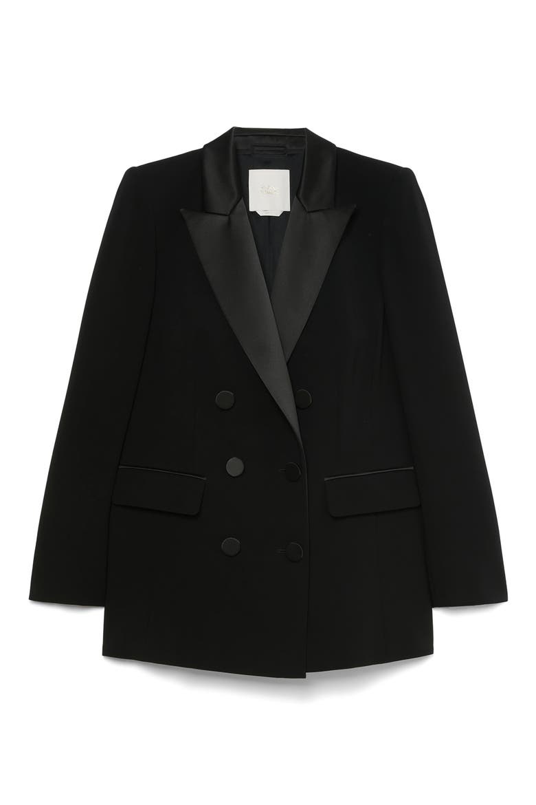 Satin Lapel Double Breasted Tuxedo Jacket, Alternate, color, BLACK