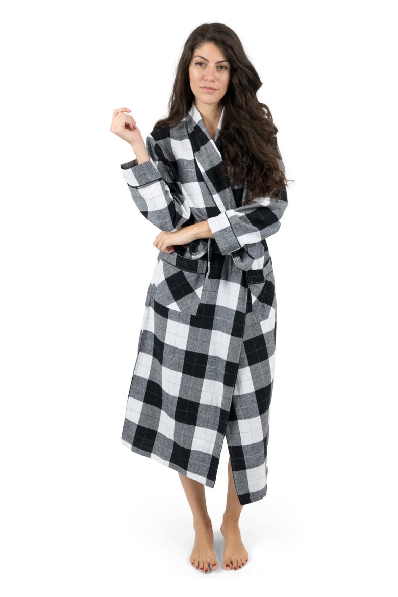 Women's Flannel Robe, 100% Cotton, Alternate, color, Plaid Black & White