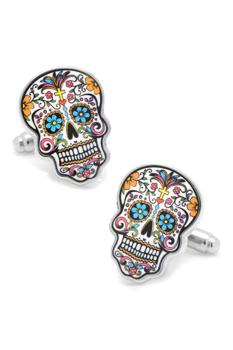 'Day of the Dead' Cuff Links, Main, color, SILVER/ BLACK/ PINK