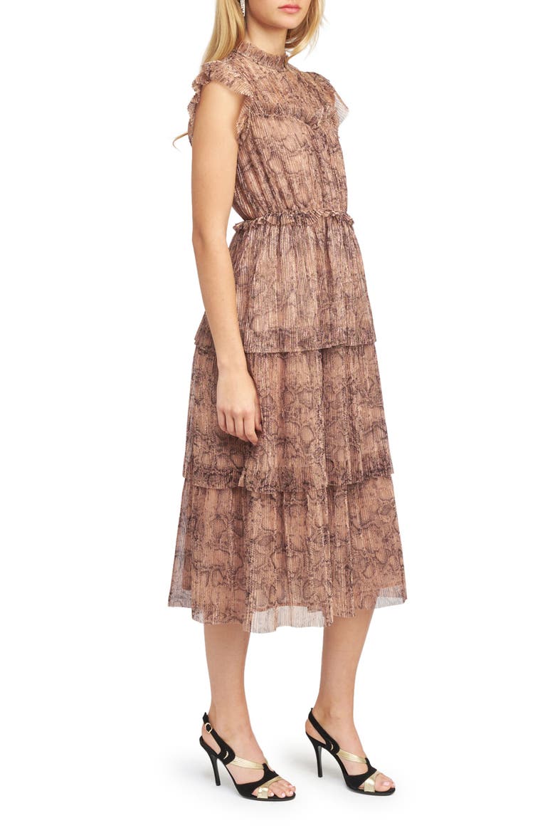Metallic Snakeskin Print Tiered Ruffle Midi Dress, Alternate, color, ROSE GOLD