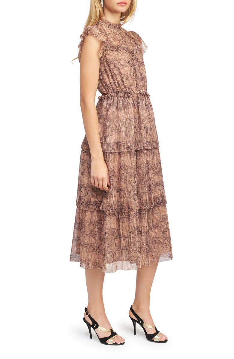 En Saison Metallic Snakeskin Print Tiered Ruffle Midi Dress, Alternate, color, 