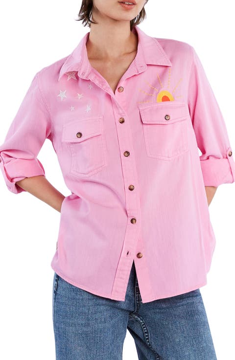 Hello Sunshine Embroidered Button-Up Shirt