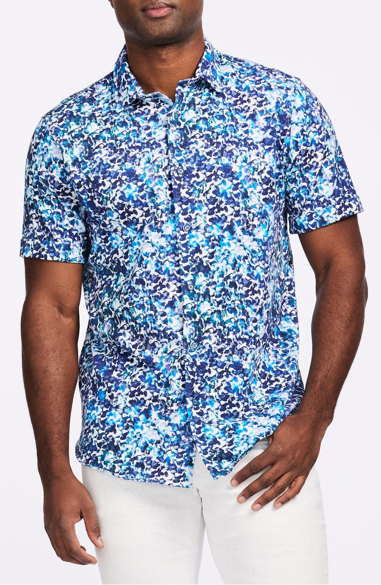 Robert Graham Abstract Print Stretch Cotton Short Sleeve Button-Up Shirt, Main, color, Blue