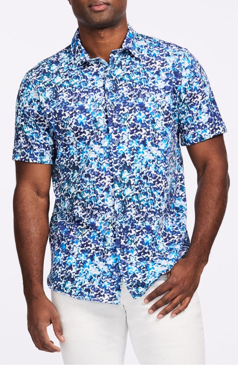 Abstract Print Stretch Cotton Short Sleeve Button-Up Shirt