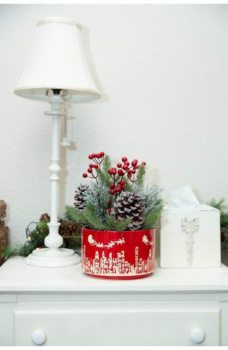 FLORA BUNDA Xmas Mix in 7" Red Cityscape Ceramic Pot, Main, color, Red