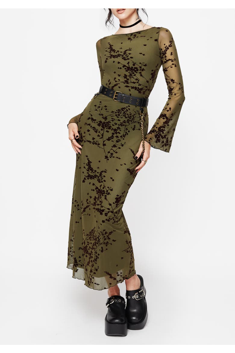 Jael Flocked Devoré Midi Dress, Main, color, Green
