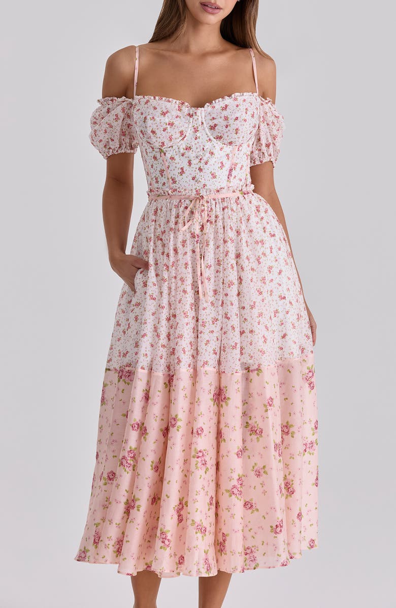 HOUSE OF CB Penelope Floral Puff Sleeve Corset Chiffon Midi Dress, Alternate, color, Pink Rose