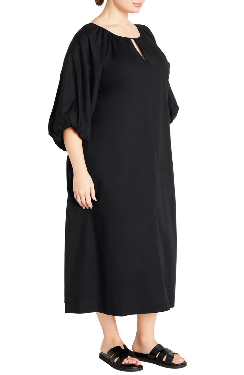 City Chic Jamie Balloon Sleeve Cotton Midi Dress, Alternate, color, Black