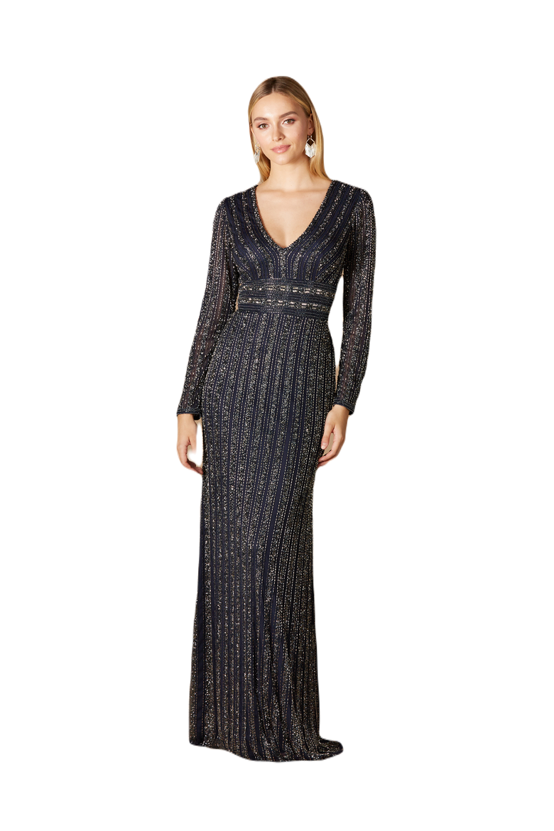 Long Sleeve Belted Beaded Gown, Alternate, color, Navy