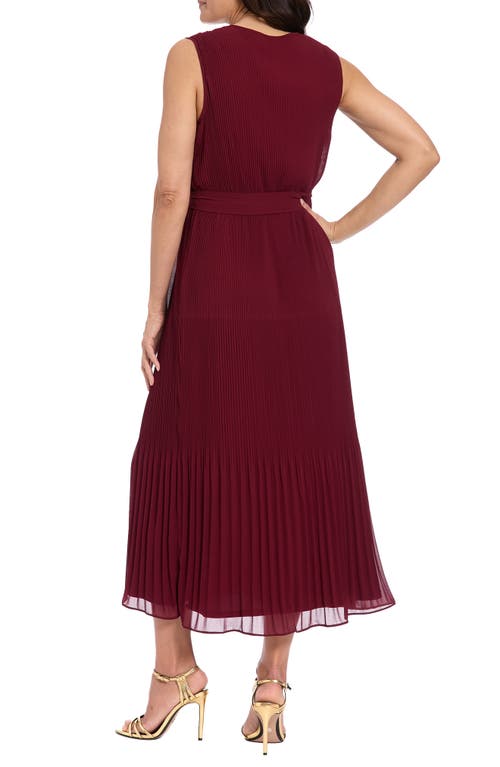 London Times Pleated Surplice Neck Midi Dress In Burgundy