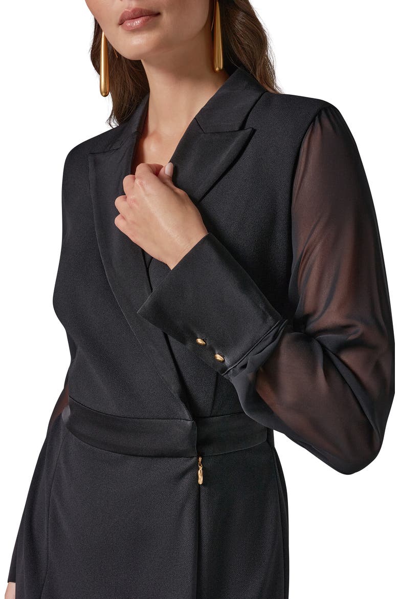 Tuxedo Chiffon Long Sleeve Scuba Crepe Twill Gown, Alternate, color, BLACK
