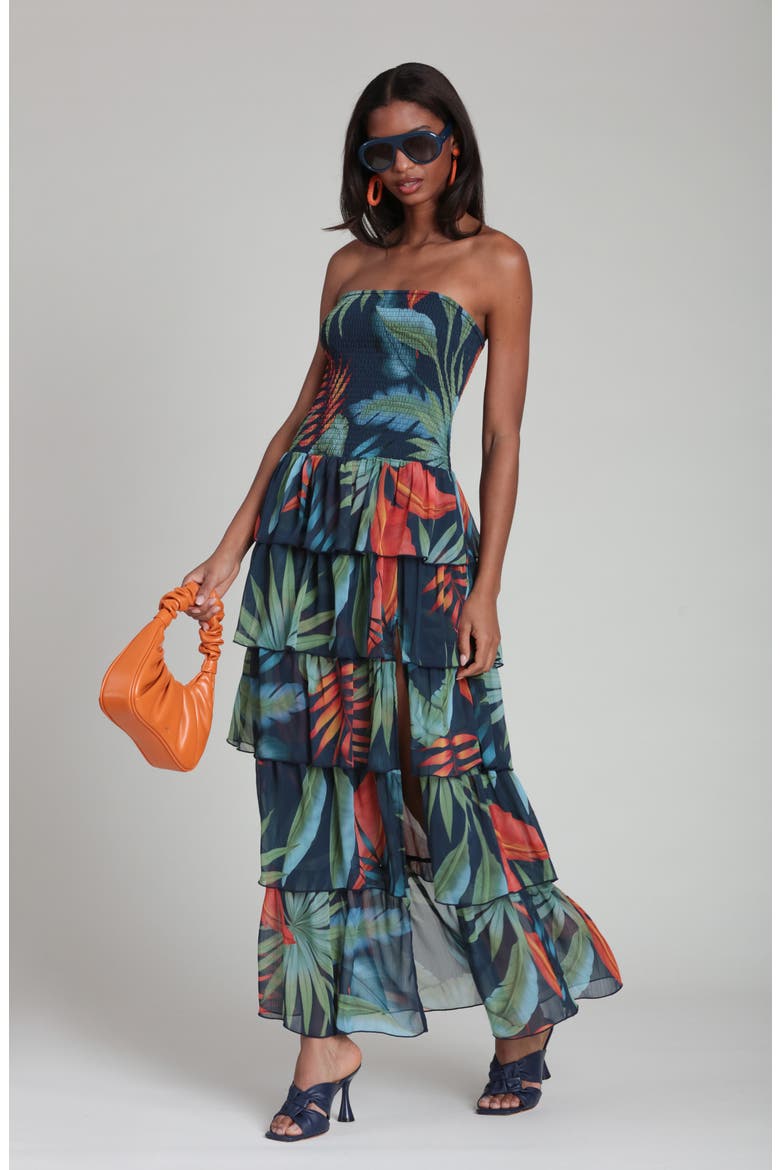 Mixed Print Strapless Tiered Maxi Dress, Alternate, color, NAVY BIRDS OF PARADISE