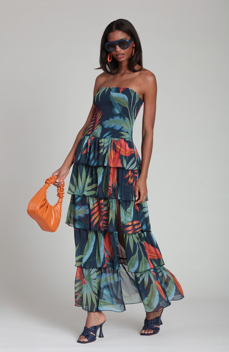 Avec Les Filles Mixed Print Strapless Tiered Maxi Dress, Alternate, color, Navy Birds Of Paradise