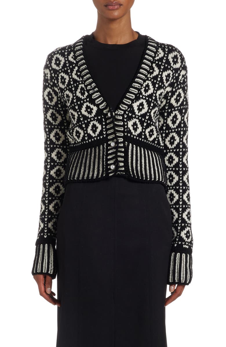 Golden Goose Imitation Pearl Geo Nordic Jacquard Crop Wool Cardigan, Main, color, Antique White/ Black