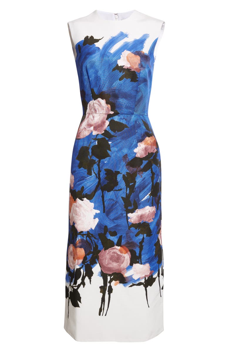 Erdem Floral Sleeveless Pencil Midi Dress, Alternate, color, Brushstroke Rose Cobalt Blue