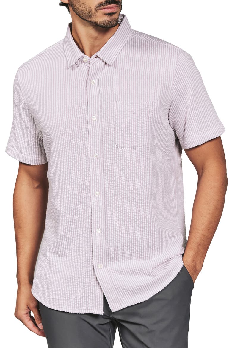 Keaton Stripe Seersucker Short Sleeve Button-Up Shirt, Main, color, STONE ROSE
