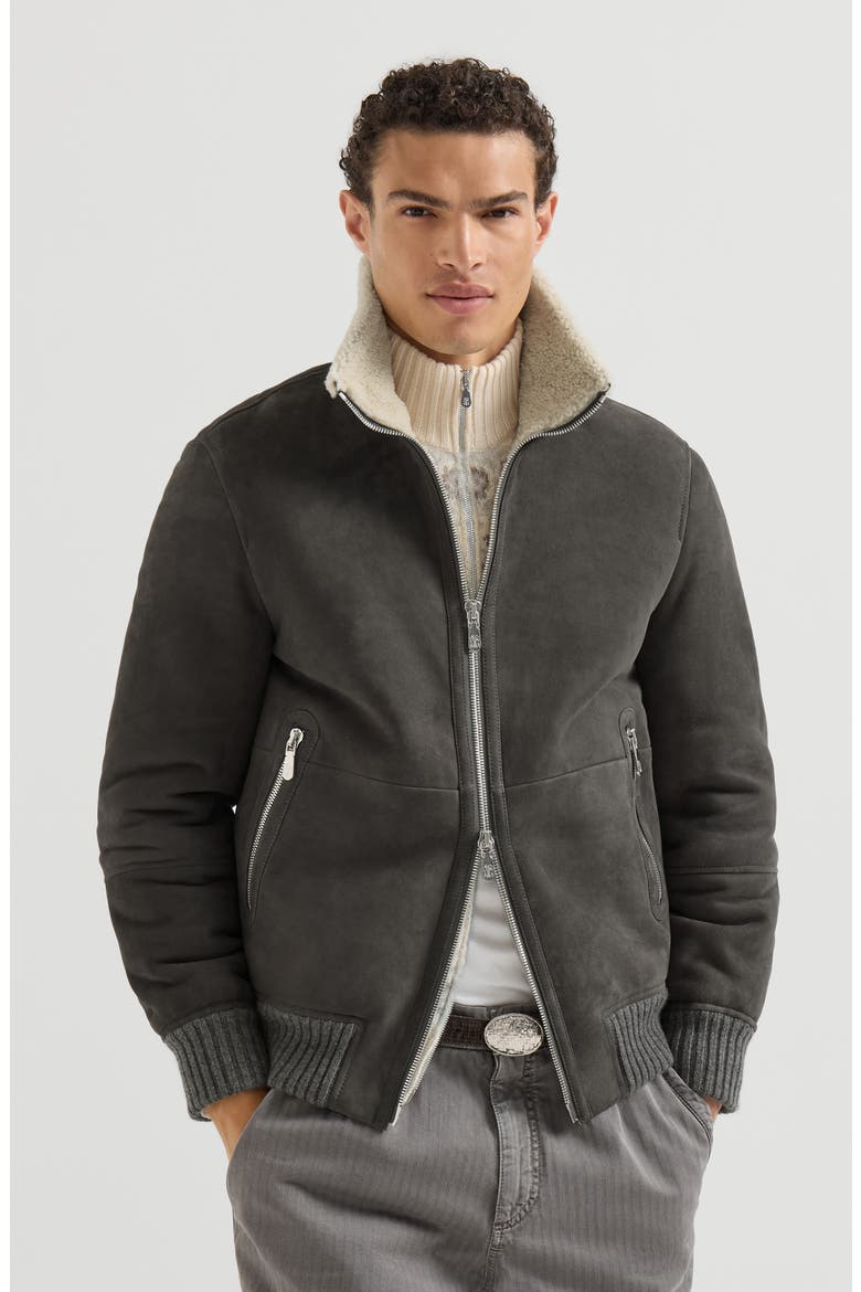 Suede curly shearling bomber jacket, Main, color, Grey