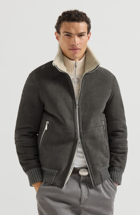 Suede curly shearling bomber jacket
