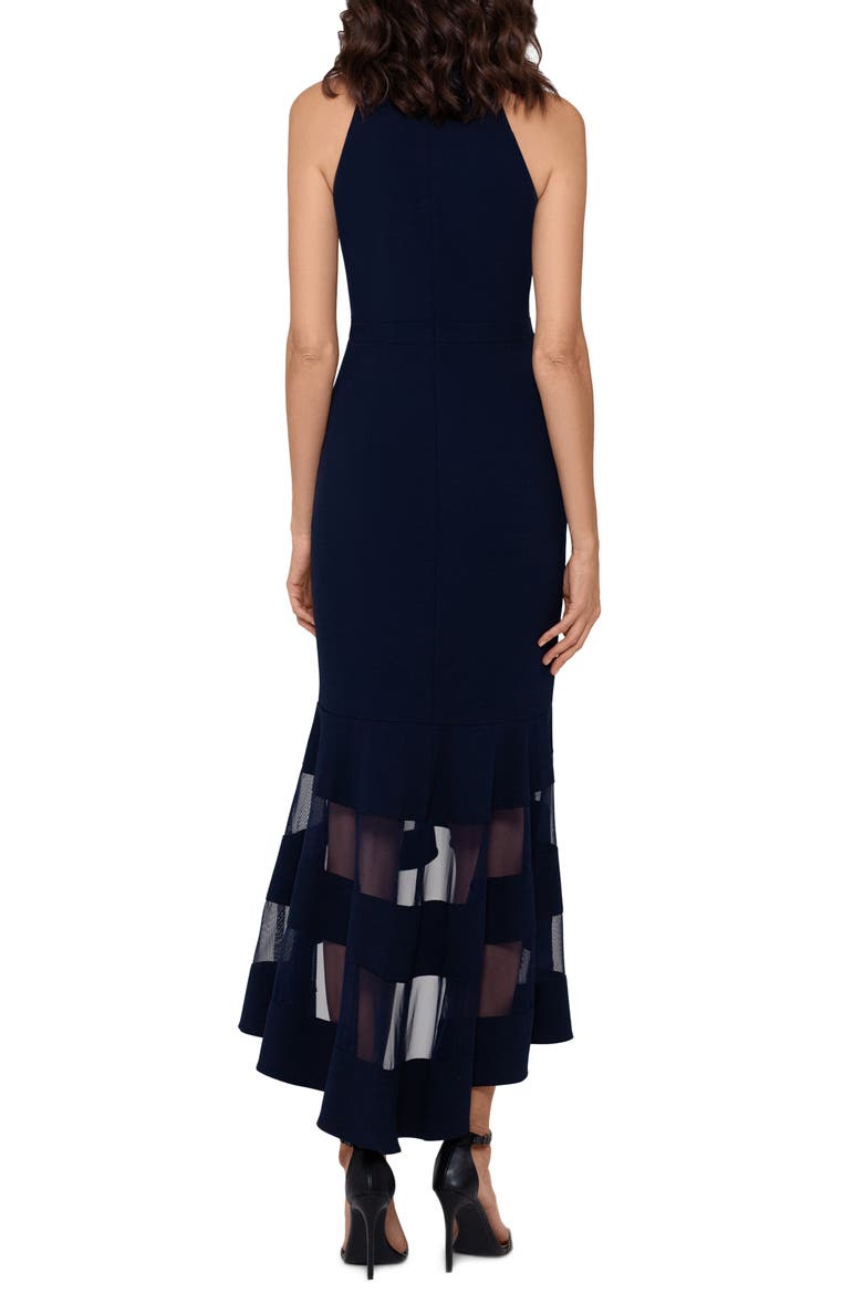 Xscape High/Low Flounce Midi Dress, Alternate, color, NAVY