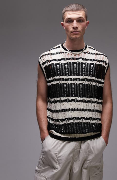 Distressed Stripe Crewneck Sweater Vest