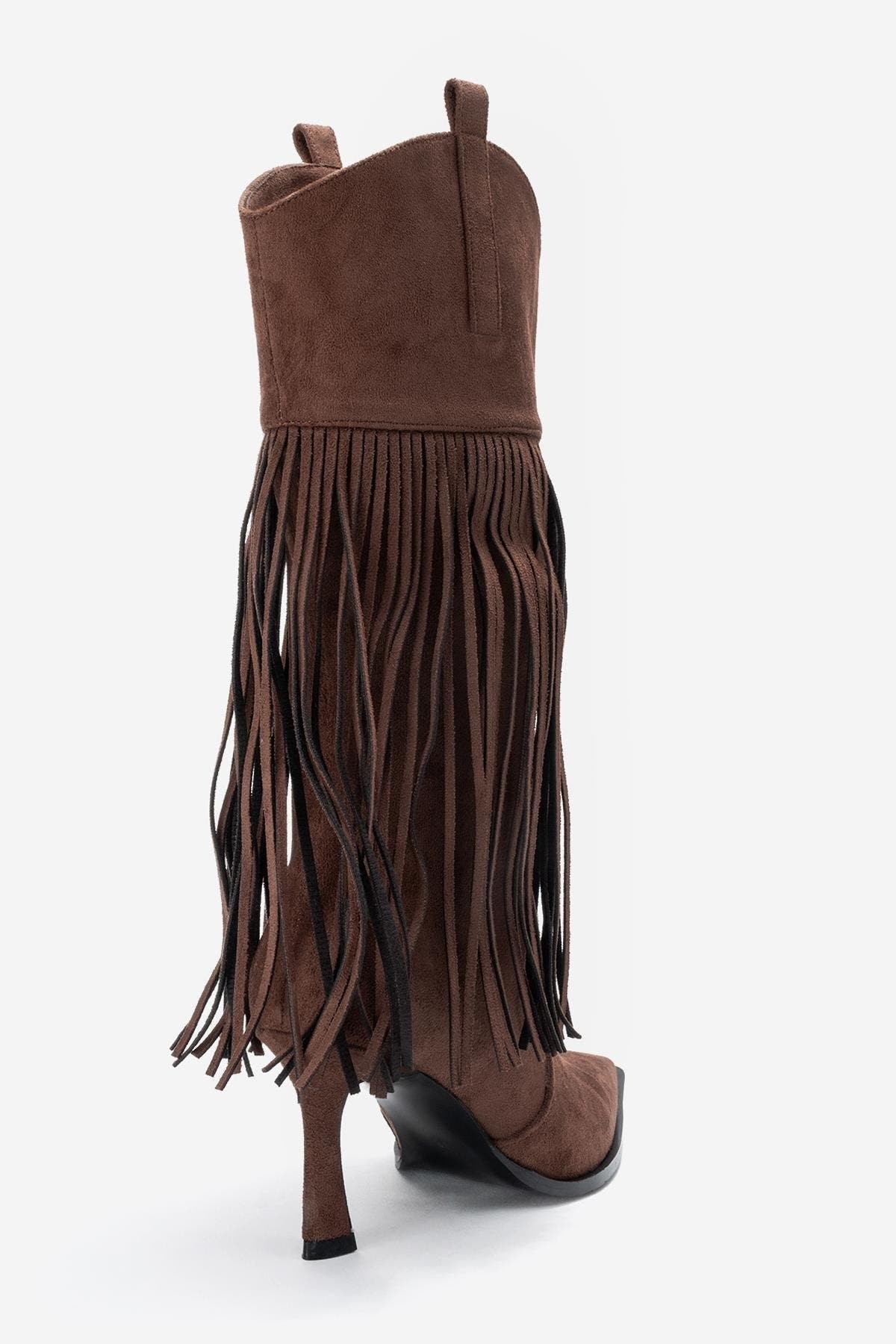 Gueras Fringe Pointed Toe Boot, Alternate, color, Brown Suede Faux Leather