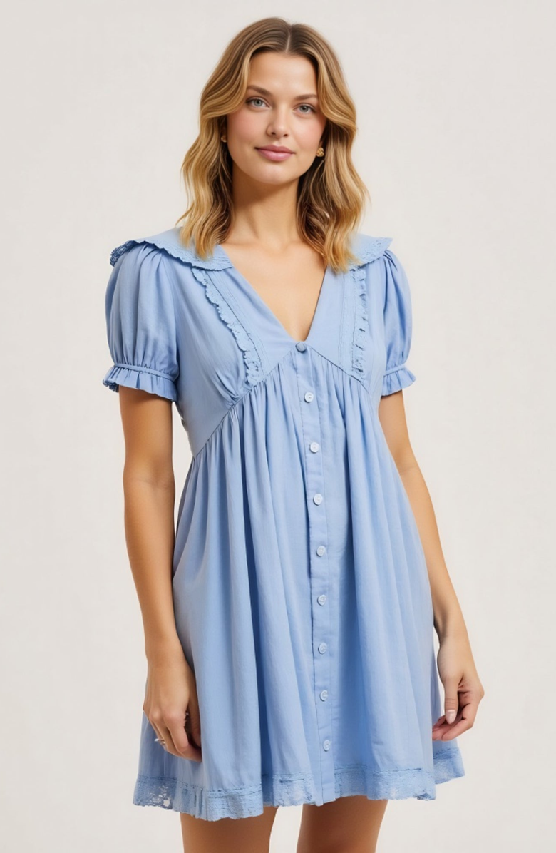 Modenaire Button-Front Puff Sleeve Lace Trim Ruffle Detail Mini Dress, Alternate, color, Light Blue