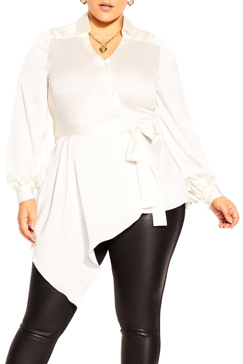 Tie 'N' Flow Asymmetric Satin Wrap Blouse, Main, color, PEARL