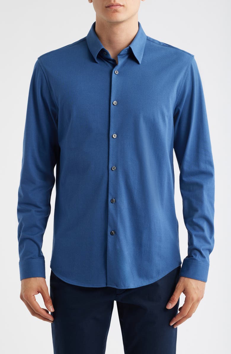 Theory Irving Structure Knit Button-Up Shirt, Main, color, Blue Dusk