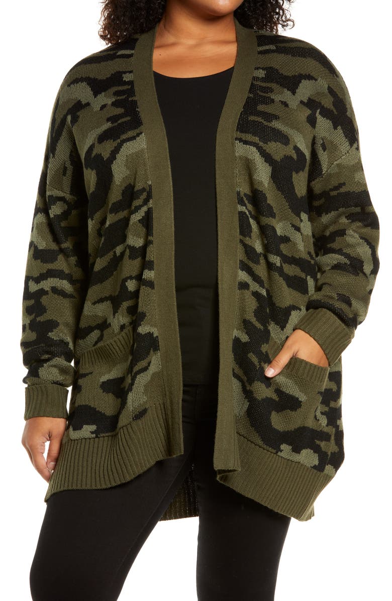 Bobeau Camo Open Front Cardigan, Main, color, 
