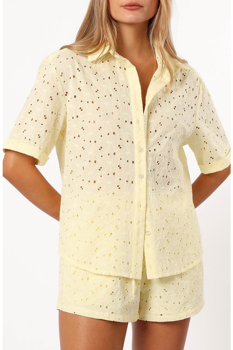 Dazie Eyelet Short Sleeve Button-Up Shirt, Main, color, LEMON