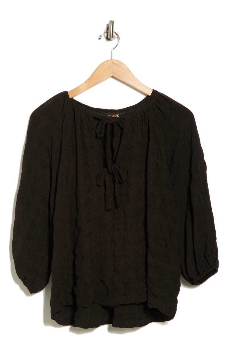 Tie Keyhole Puff Sleeve Top, Alternate, color, BLACK