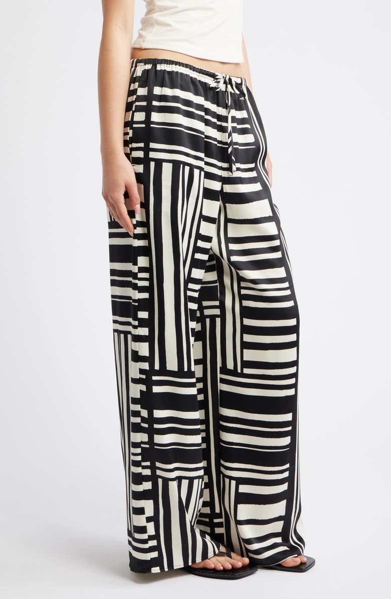 Topshop Tie Waist Wide Leg Satin Trousers, Alternate, color, White Multi