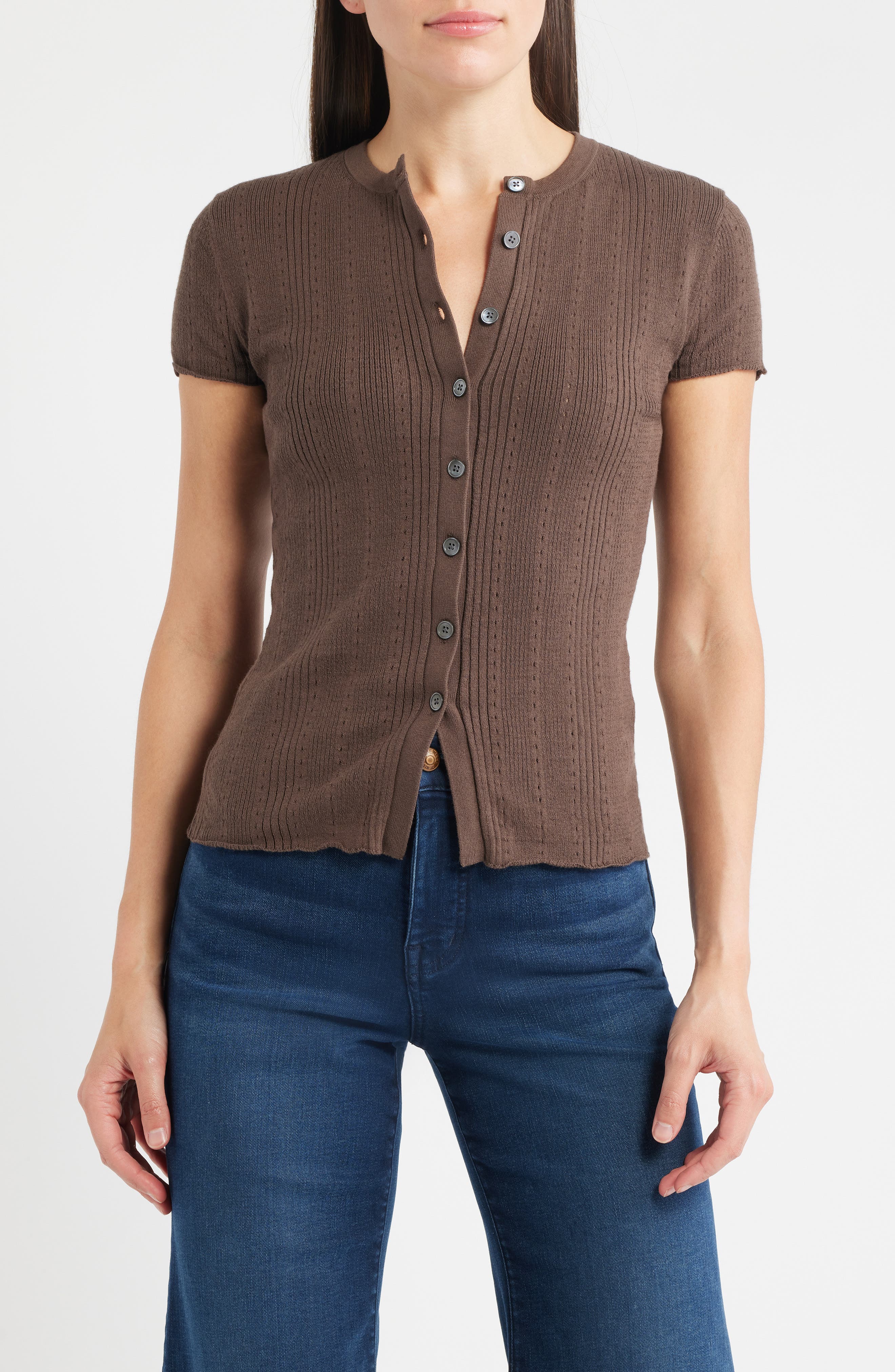 Madewell Short Sleeve Pointelle Cotton Blend Cardigan