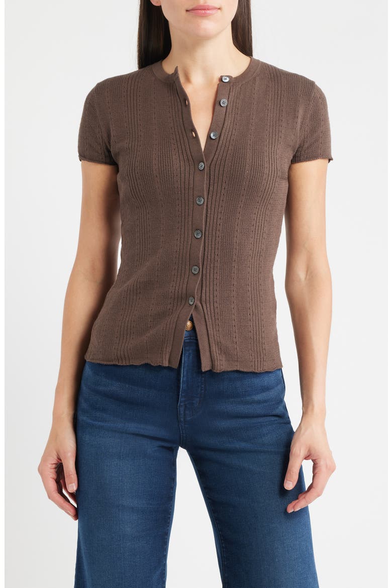 Short Sleeve Pointelle Cotton Blend Cardigan, Main, color, ROASTED CHICKORY