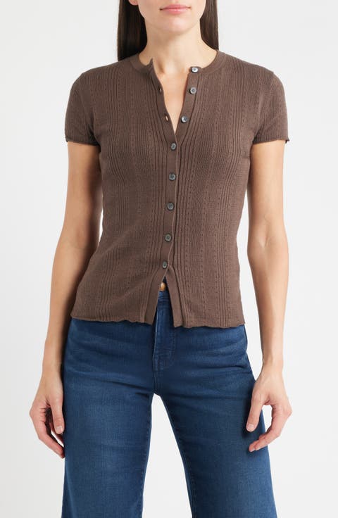 Short Sleeve Pointelle Cotton Blend Cardigan