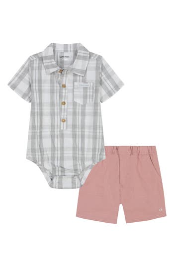 CALVIN KLEIN CALVIN KLEIN PLAID COTTON BUTTON-UP BODYSUIT & SOLID SHORTS SET 