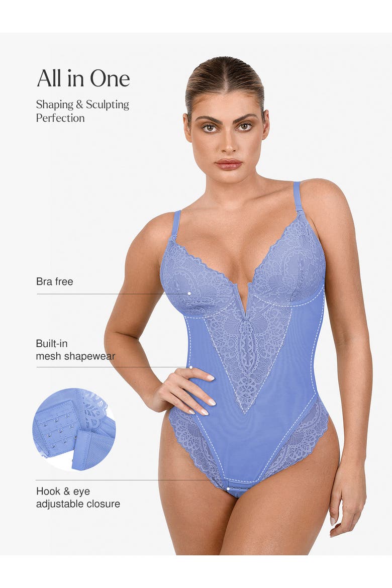 Plus Size Shapewear Lace Deep V-Neck Sculpting Thong Bodysuit, Alternate, color, Baby Blue