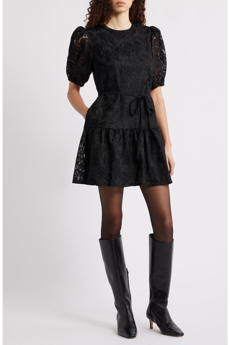Lace Puff Sleeve Tiered Minidress, Main, color, BLACK
