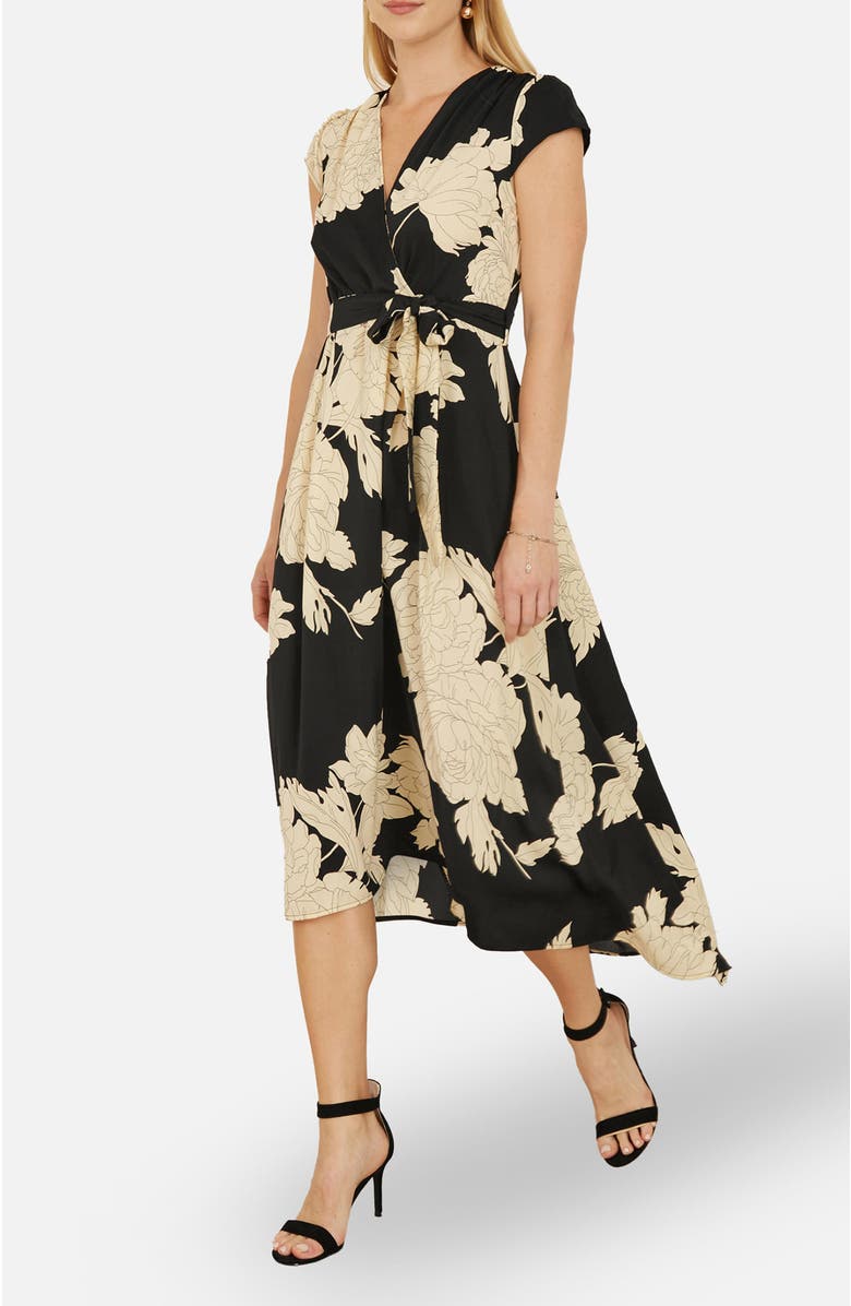 Yumi Blossom Print Dipped Hem Wrap Midi Dress, Alternate, color, Black